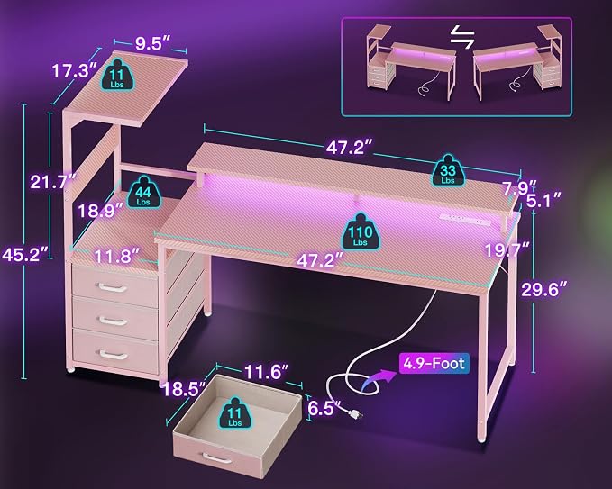 AODK 59 Inch Gaming Desk with USB Charging Ports & LED Light- Reversible Computer Desk with Storage Shelves & Monitor Stand, Modern Gamer Desk Table with Fabric Drawers, Pink - Image 3
