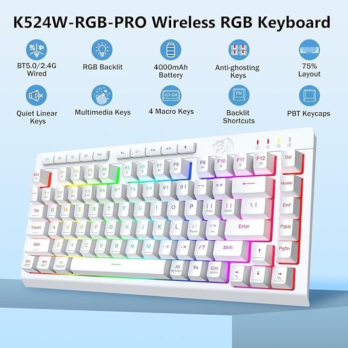 Redragon Wireless Gaming Keyboard, Portable 75% Compact,RGB Backlit, White | Bluetooth/2.4GHz/USB-C Wired, Mini Quiet Macro Membrane Keyboard, Rechargeable 4000mAh Battery, Anti-Ghosting for Win/MAC - Image 2