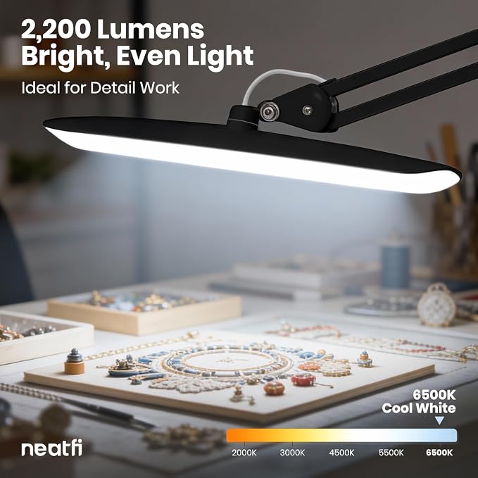 Neatfi XL 2200 Lumens 24W LED Desk Lamp – Shadow-Free Task Lighting | 4-Level Dimming | Home Office & Crafts Use | 20-Inch Wide Head (Black, Non-CCT with Clamp) - Image 6