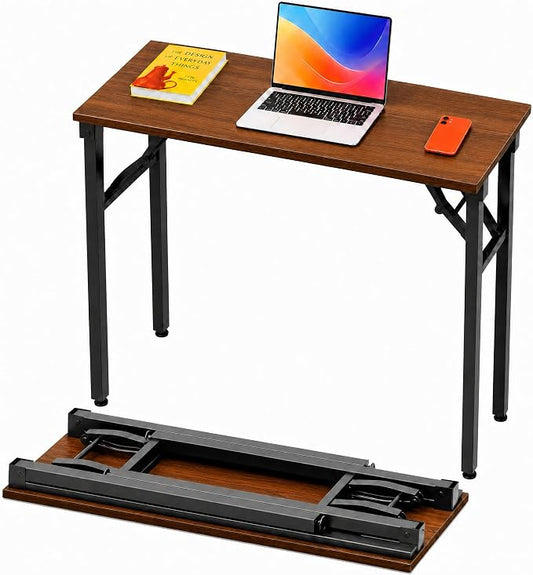 Folding Table Computer Desk - 35.8" No Assembly Folding Desk Design and Foldable Office Desk, Small Desk for Bedroom, Compact Storage Portable Use for Dorm and RV Small Space, Dark Walnut by HMFOR