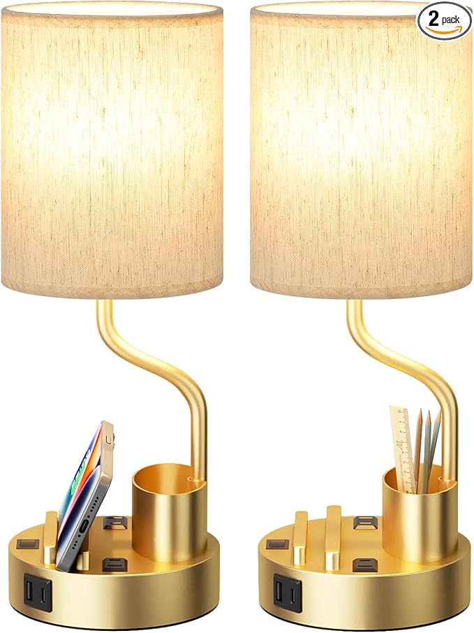Fenmzee Bedside Lamps for Bedroom Set of 2 - Table Desk Lamp for Nightstand | 15" Table Lamp for Living Room with Pen Holder & Phone Stand, USB A+C Port, AC Outlet, 3 Color Temperature, LED Bulb Included by Fenmzeelighting
