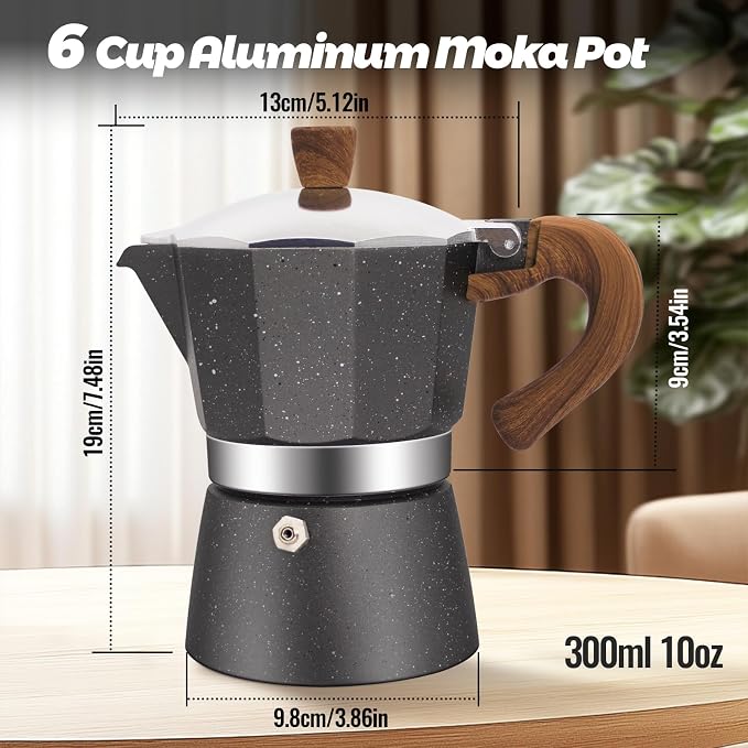 6 Cup Aluminum Moka Pot Classic Stovetop Espresso Coffee Maker 300ml 10oz Coffeemaker Percolator Mocha Pot Greca Coffee Maker Cafe Makers for Italian and Cuban Café Brewing Gray - Image 2