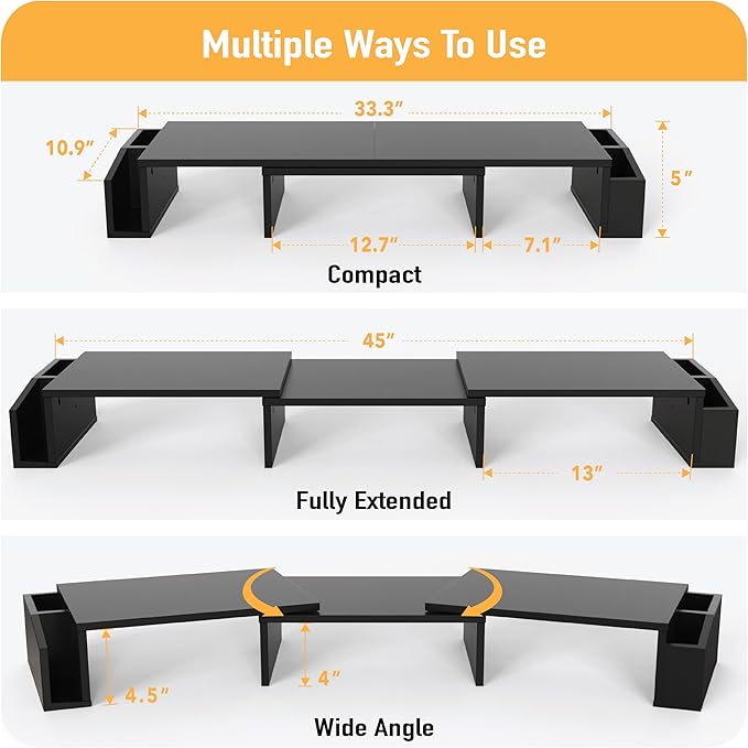 Simple Houseware Desk Dual Monitor Stand Riser with Drawer, Black | Customizable Organizer Tray, Built-In Phone & Tablet Slot and Side Storage - Image 3