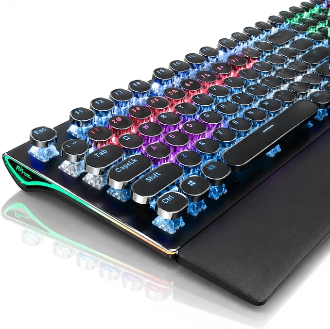 RK ROYAL KLUDGE S108 Typewriter Mechanical Keyboard, Wired Gaming Keyboard with Number Pad, Full Size Retro Keyboards w/Detachable Wrist Rest for Mac/Win/PC, Clicky Blue Switch, Rainbow Backlit Black by RKROYALKLUDGE