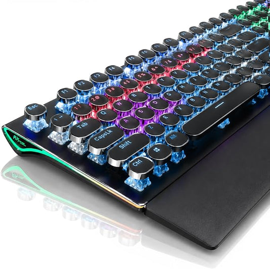RK ROYAL KLUDGE S108 Typewriter Mechanical Keyboard, Wired Gaming Keyboard with Number Pad, Full Size Retro Keyboards w/Detachable Wrist Rest for Mac/Win/PC, Clicky Blue Switch, Rainbow Backlit Black by RKROYALKLUDGE