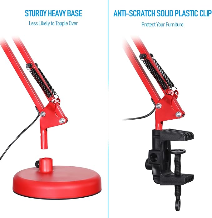 TORCHSTAR Metal Desk Lamp, Adjustable Swing Arm, E26, Red | Architect Gooseneck Multi-Joint Clip Table Lamp with Plastic Clamp, for Home Office, Work, Study, Reading, Bulbs not Included - Image 2