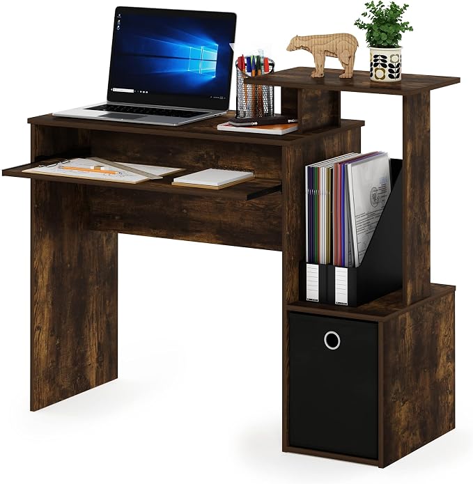 Furinno ECON Desk, 40" Gaming Desk with Keyboard Tray, Computer Desk, Office Desk with Side Shelves and Storage Bin, 40-Inch, for Home Office, Study Room, Dorm, Amber Oak - Image 3