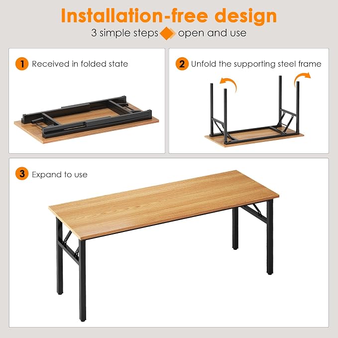 Need Office Computer Desk 54.3 Inch Sturdy Folding Laptop Table Teak | Black Frame Writing Gaming Work Table/Foldable Home Office Desk/Sewing Table, No Assembly Required - Image 7