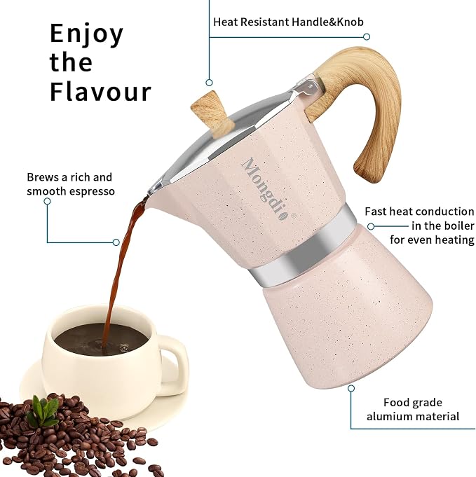 Mongdio Stovetop Espresso Maker Moka Pot, Cuban Coffee Maker Stove top coffee maker Moka Italian Espresso Greca Coffee Maker Brewer Percolator, 6 Espresso Cups, 10 oz - Pink - Image 4