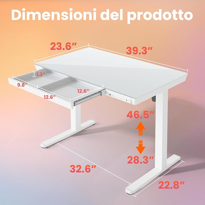 HUANUO Glass Standing Desk with Drawers, 40 X 24 Inch Electric Adjustable Height Desk, Quick Install One-Piece Tabletop with USB Charging Ports, White - Image 3