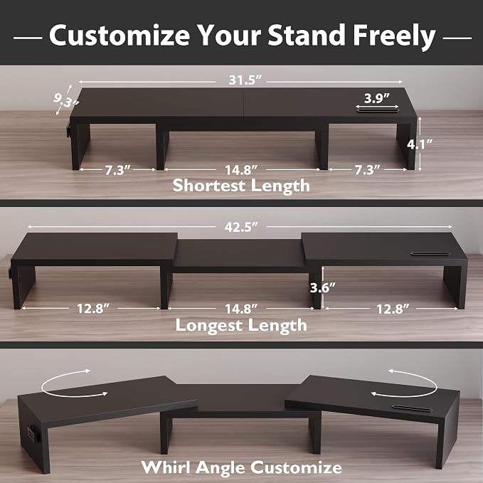 BONTEC Dual Monitor Stand Riser with Smartphone Holder, Adjustable Length & Swivel Angle, Ergonomic Wooden Desktop Organizer for PC Monitor, Laptop, Printer, Large Storage, 42.5 in, Black - Image 3