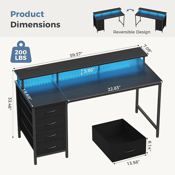 DUMOS 40-Inch Gaming Desk with Power Outlets and LED Lights, Black | Computer Desk with 4 Storage Drawers, Home Office Desk with Monitor Stand, Small Desk for Bedroom Study - Image 2