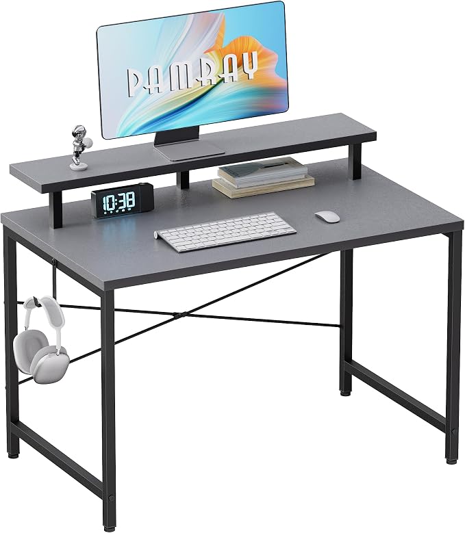 Pamray 32 Inch Small Computer Desk with Monitor Stand, Simple Office Desk with Headphone Hook for Small Spaces, Kids Study Writing Table for Bedroom, Grey by PAMRAY