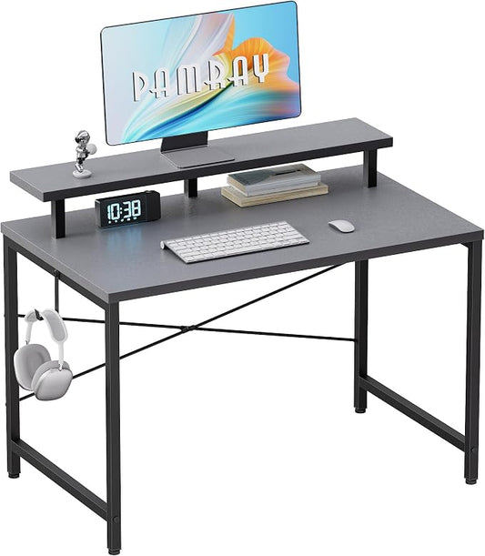 Pamray 32 Inch Small Computer Desk with Monitor Stand, Simple Office Desk with Headphone Hook for Small Spaces, Kids Study Writing Table for Bedroom, Grey by PAMRAY