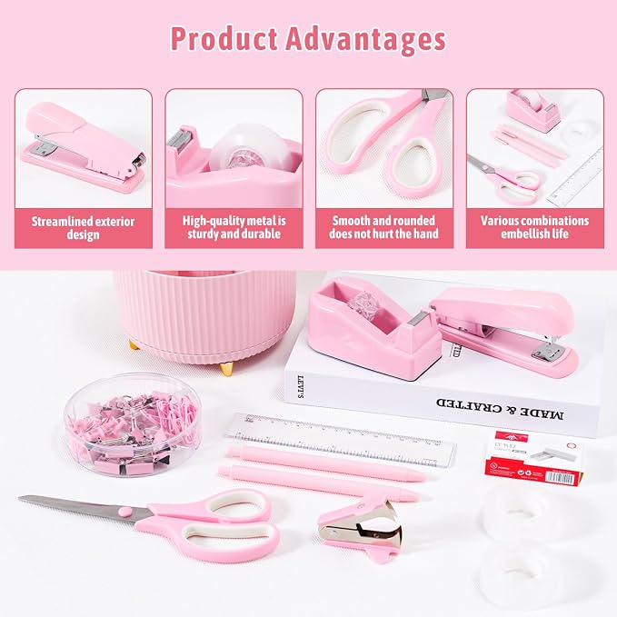Gawsey Pink Desk Organizers and Accessories with Desk Organizer 360° Rotating Pen Holder and Office Supplies, Cute Stationery Supplies Set - Image 6