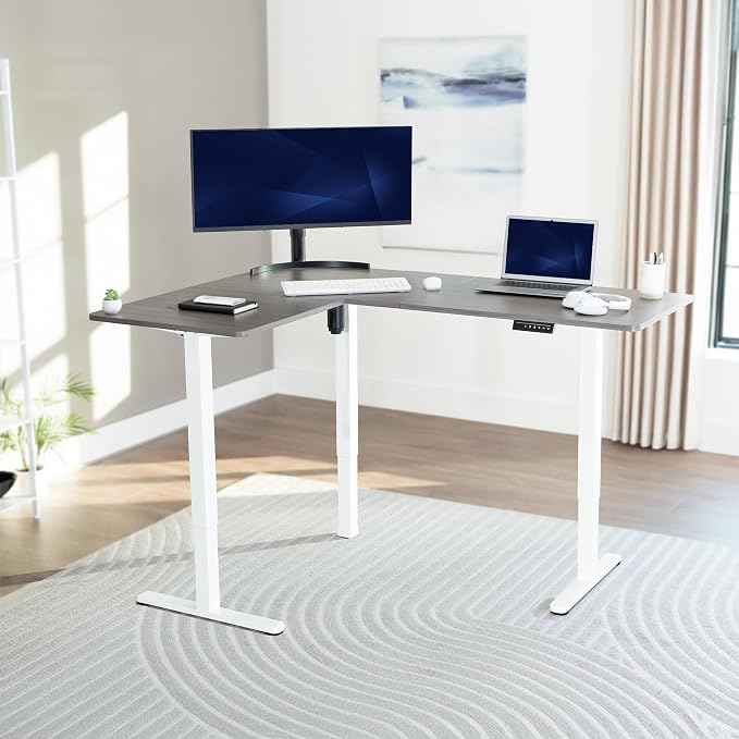 VIVO Dark Gray 63 x 47 in Corner Standing Desk, DESK-E3CTWG-47 | Electric, Reversible L-Shaped Table, Sit Stand, Height Adjustable, Memory Controller, Office Furniture Sets, White Frame - Image 2