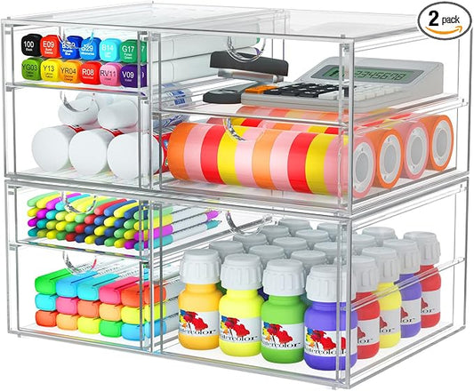 caktraie Acrylic 2-Pack 7-Drawer Makeup & Storage Organizer for Bath,Desk | Smooth-glide drawers, clear body, dustproof, wipe clean, for office supplies, pens, rings, earrings, tweezers, cotton swabs by shoeboxesanddeskorganizers