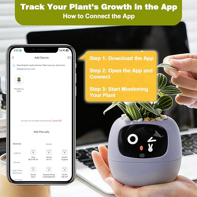 Smart Plant Pot with Visual Display – Soil Moisture, Water Level, Light & Battery Monitor, 80ml Self-Watering Reservoir, Supports 50+ Plants, Pomodoro Timer, Clock & Calendar (Purple) - Image 3