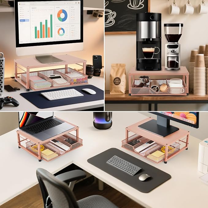 Small Laptop Stand for Desk, Monitor Stand Riser, Office Desk Accessories, Computer Desktop Stand with Drawer for Home, Office, School (Bronze) - Image 3