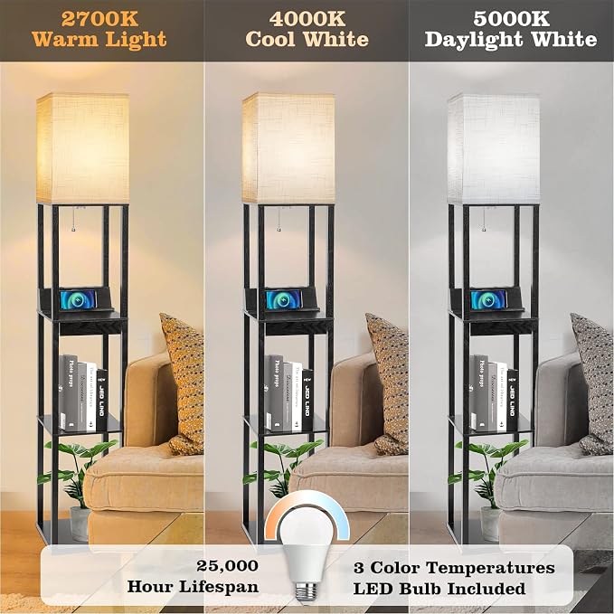 Floor Lamp with Shelves, RUNTOP LED Shelf Floor Lamp with Wireless Charger & 2 Charging USB Ports & Drawer, AC Outlet, 3 Color Temperature Tall Standing Lamp with Bulb for Living Room, Bedroom, Office - Image 3