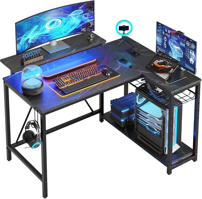 Bestier 42-Inch L-Shaped Gaming Desk with Charging & LED, Marble Black | Charging 2AC+USB+Type-C, RGB LED 7 Colors/20 Modes, Reversible Shelves, 3D Carbon Fiber, Headphone Hook, Small Space by Bestier