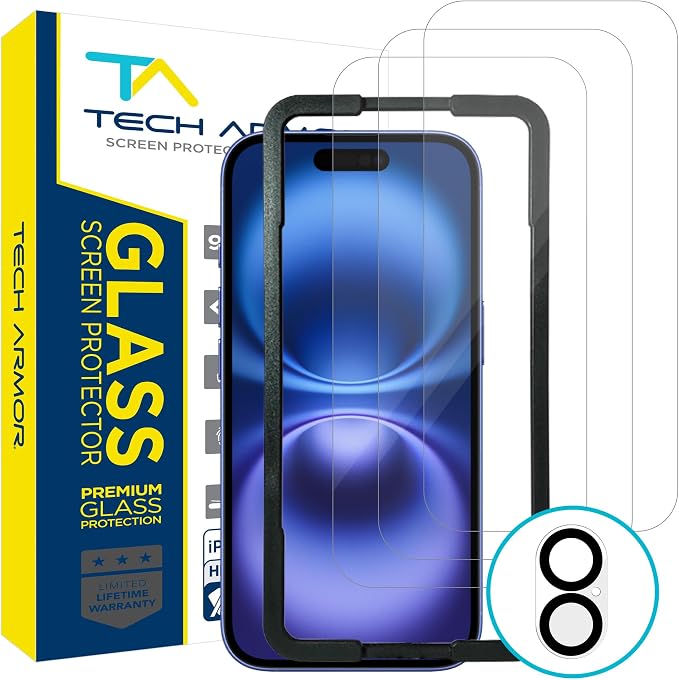 Tech Armor for iPhone 16 Screen Protector Glass 6.1 inch - Ballistic Tempered, Case Friendly, Sensor Protection, HD, 9H Hardness, 3 Pack + Bonus Camera Lens Protector by TechArmor