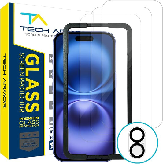 Tech Armor for iPhone 16 Screen Protector Glass 6.1 inch - Ballistic Tempered, Case Friendly, Sensor Protection, HD, 9H Hardness, 3 Pack + Bonus Camera Lens Protector by TechArmor