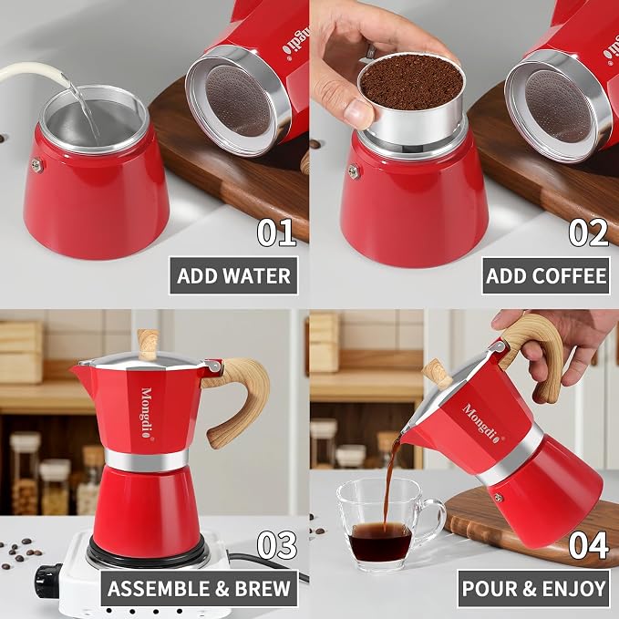 Mongdio Stovetop Espresso Maker Moka Pot, Cuban Coffee Maker Stove top coffee maker Moka Italian Espresso Greca Coffee Maker Brewer Percolator, 9 Espresso Cups, 15 oz - Red - Image 4