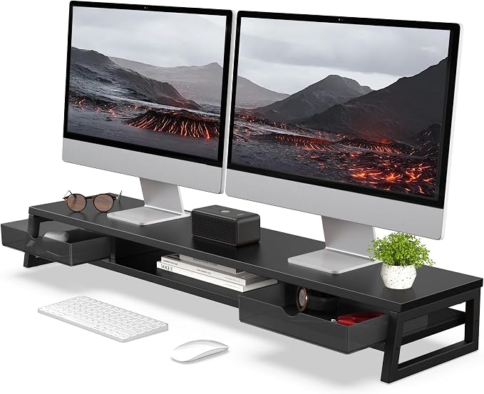 Fenge Dual Monitor Stand, Monitor Riser with Drawer, 42.5 Inch Large Computer Monitor Stand for 2 Monitors, 2 Tier Wooden Desk Shelf for Top of Desk by Fenge