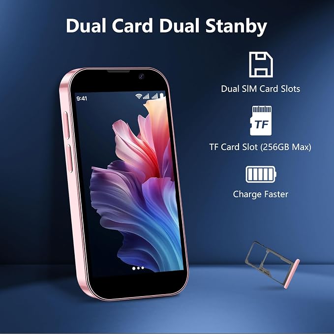 Mini Phone 3.0" HD Touch Screen Mini Smartphone World's Smallest Unlocked Android Compact Mobile Phone for Kids & Students Cell Phone wih GPS Dual SIM Face ID 2GB+16GB Pink - Image 6
