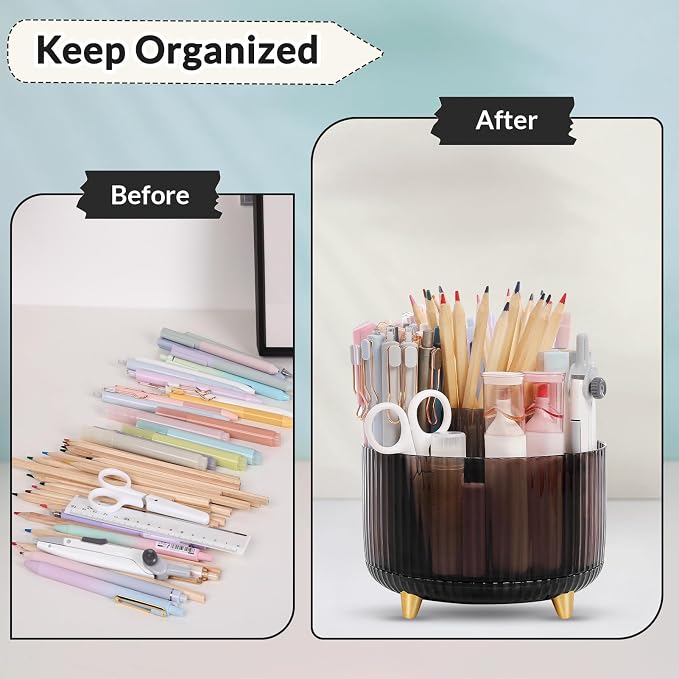 SKYDUE Rotating Pencil Pen Holder, Pen Organizer with 5 Slots - Aesthetic Desk Organizer and Accessories for School, Home, Office Supplies, Clear Black - Image 6