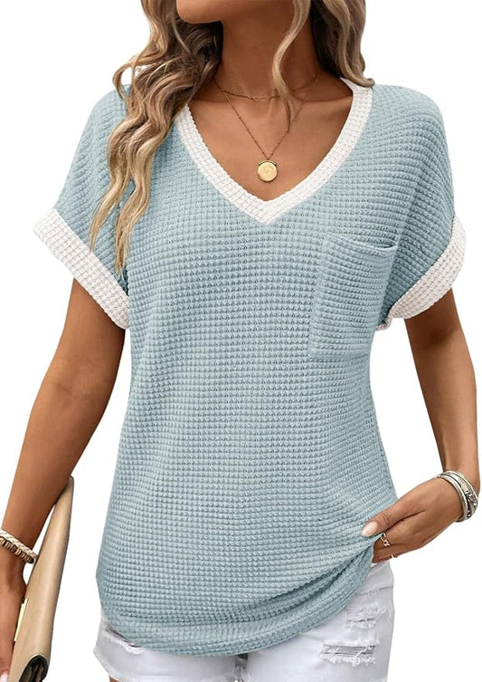 Dokotoo Womens Waffle Knit Tops 2026 Spring Summer V Neck Shirts Casual Trendy Women's Blouses Basic Tee by Dokotoo