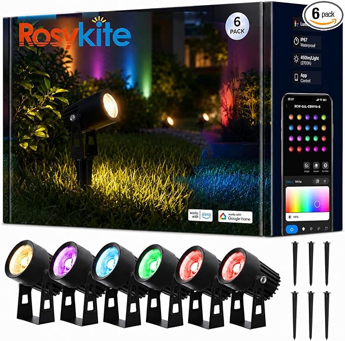 rosykite Smart RGBW Landscape Lighting Kit, WiFi & Bluetooth Outdoor Lights with Transformer, App/Remote/Controller Control, Color Changing Low Voltage Garden Lights for Yard Pathway Patio (6 Pack) by RosykiteBuyNow