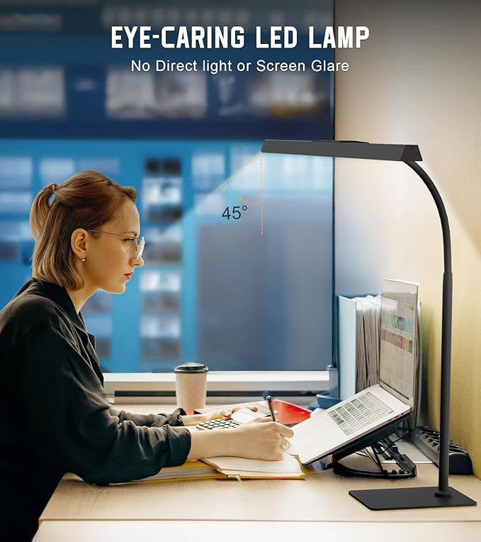 LED Desk Lamp for Home Office with Base, Eye-Caring Desk Light 12W | Tall Lamp for Computer Monitor Task Reading, Adjustable Gooseneck, 5 Dimmable Brightness & Color, USB Touch Control, Timer - Image 3