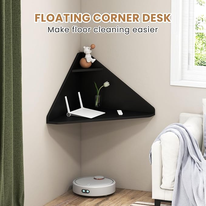 Giantex Corner Floating Desk, Wall Mounted Computer Desk with Storage Shelf, Space-Saving Writing Desk, Triangle Laptop Desk for Living Room, Study, Bedroom, Home Office & Small Spaces (Black) - Image 7