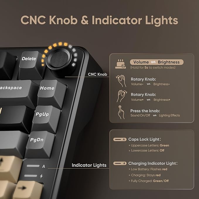 RedThunder K75 Wireless Mechanical Keyboard, CNC Knob, Tri-Mode BT5.0/2.4GHz/USB-C Hot Swappable Custom, Pre-lubed Linear Coconut Switches, Gasket Structure, RGB Gaming Keyboard, Black-Gold - Image 3