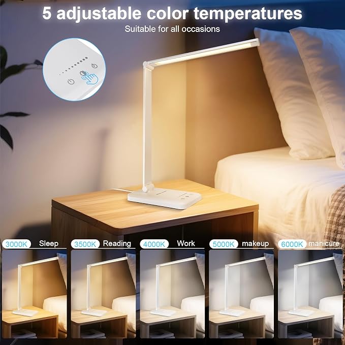 White crown LED Desk Lamp Dimmable Table Lamp Reading Lamp with USB Charging Port, 5 Lighting Modes, Sensitive Control, 30/60 Minutes Timer (White, First-Generation) - Image 4