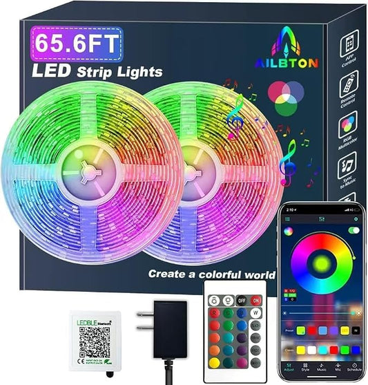 65.6ft/20M Led Strip Lights, Long Smart Music Sync 5050 RGB Color Changing Light Strip Bluetooth APP/IR Remote/Switch Box Control Rope Lights LED Lights for Bedroom,Party,Home Decoration,Festival by AILBTON