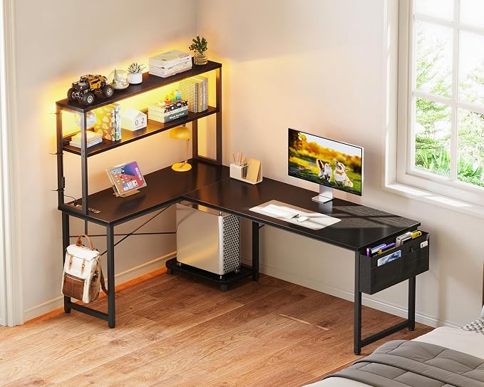ODK 61" L Shaped Gaming Computer Desk with Shelves, LED & Outlets, Black | Headset hook. Storage bag. Shelves for books & supplies. LED for gaming nights. Reversible. Room for multiple monitors. - Image 7