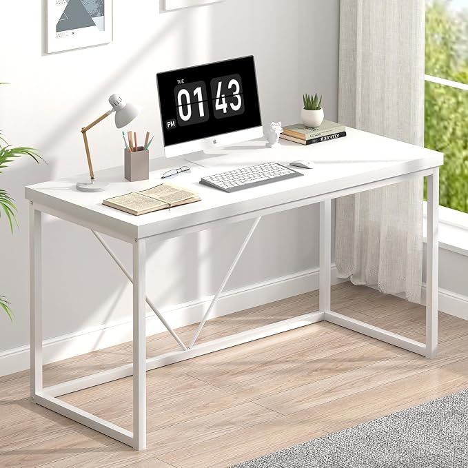 EXCEFUR White Computer Desk, Modern Home Office Desk, Small Wood Study Writing Table Workstation for Bedroom Living Room, 47 inch by EXCEFUR