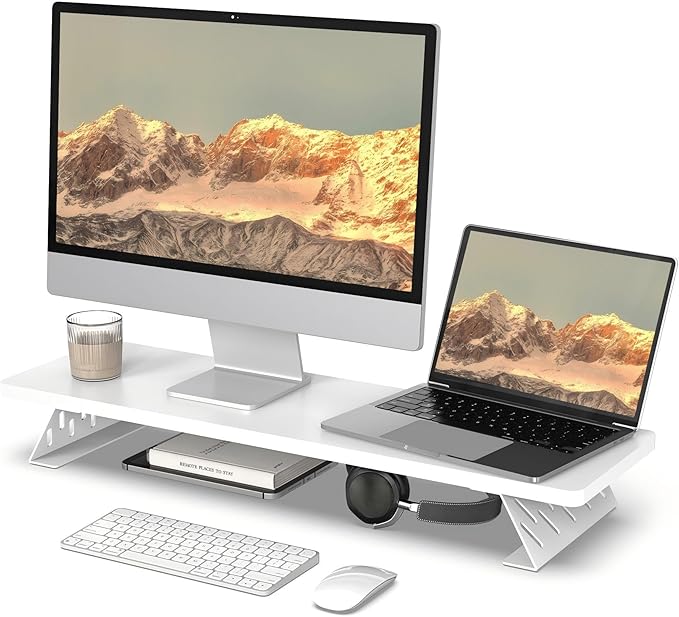 Fenge Monitor Stand Riser, Desk Top Shelf for 2 Monitors, Computer Stands for Desk, Wood & Steel Desktop Riser for Laptop, PC, Printer by Fenge