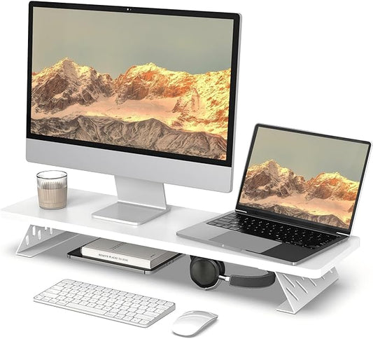 Fenge Monitor Stand Riser, Desk Top Shelf for 2 Monitors, Computer Stands for Desk, Wood & Steel Desktop Riser for Laptop, PC, Printer by Fenge