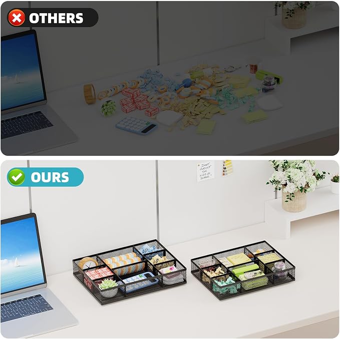 Marbrasse 2 Pack Desk Drawer Organizer, Mesh Drawer Organizer Tray with 8 Adjustable Compartments, Desk Organizers and Accessories, 5 Dividers Drawer for Office Supplies, Makeup & Vanity (Black-2P) - Image 7