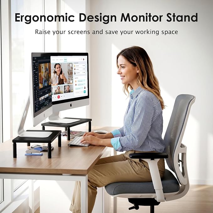 ECOLOVI Wood Laptop Stand for Desk, 4-Height Adjustable Computer Monitor Stand Riser for Desk Organizer and Accessories, Office Desk Accessories Workspace Organizer for Home Office Supplies, Black - Image 3