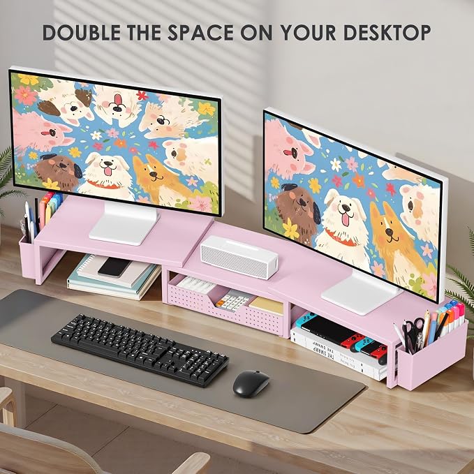OPNICE Desk Organizers and Accessories, Dual Monitor Stand Riser with Drawer and 2 Pen Holders, Desk Shelf Metal Computer Racks for Office Workspace Organizers, Desktop Organization (Pink Metal) - Image 4