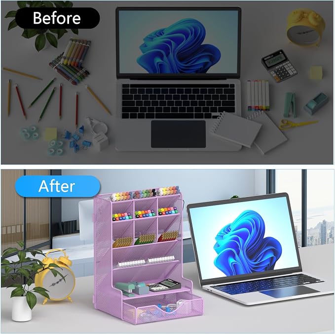 BOHDK Pen Organizer for Desk, Multi-Functional Desk Organizer, Wall Mount Pen Holder with Drawer for School, Office, Home, Art Supplies, Purple - Image 6