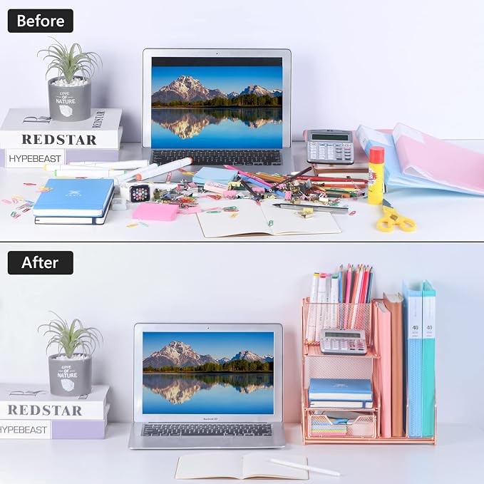 Topwey Rose Gold Desk Accessories, Office Supplies Desk Organizer Caddy with Sliding Drawer, Double Tray, File Organizer and pen holder for Home, Office School - Image 4