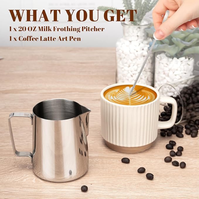 Amrules Milk Frothing Pitcher, 20oz Milk Frother Cup with Clear Scale, 304 Stainless Steel Cappuccino Espresso Machine Accessories for Barista Coffee Bar with Latte Art Pen, Silver - Image 3