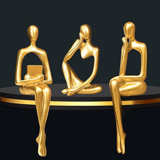 Prettidecor Gold Decor Reading Thinker Resin Statues Set of 3 | Office Coffee Shelf Table Desk Decor Abstract Decoration for Living Room Bedroom Collectable Figurines by Prettidecor