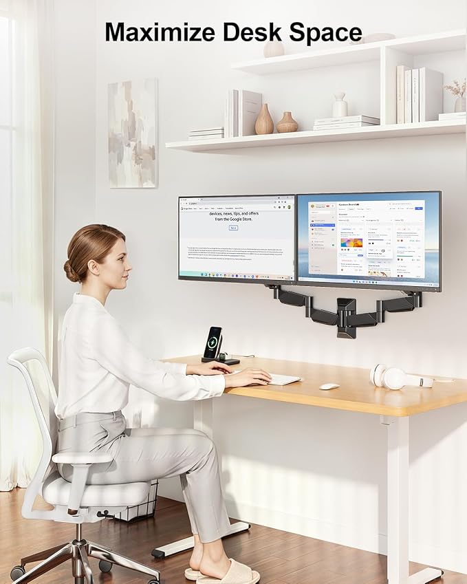 Long Arm Dual Monitor Wall Mount, Gas Spring Wall Monitor Arm for 17-32" Screens, 27.1" Extra Long Monitor Mount, Holds up to 17.6 lbs Each, Full Motion VESA Mount, 75/100, Black - Image 5